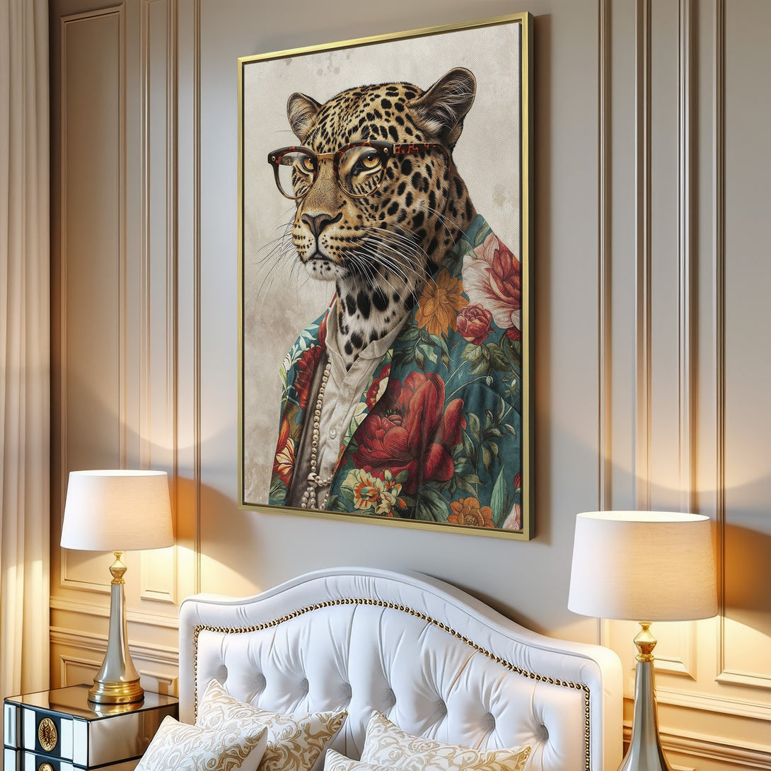 Canvas Print: Hipster leopard art with floral shirt, warm color palette. Perfect framed wall art for modern home decor.
