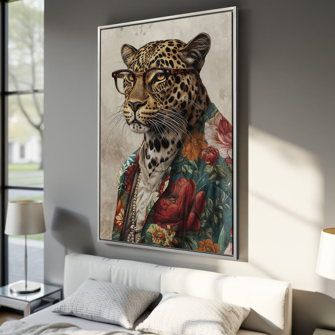 Framed Wall Art: Leopard portrait with glasses, wearing a floral jacket. Stylish artwork with a vintage aesthetic and rich color palette. Perfect for home decor!