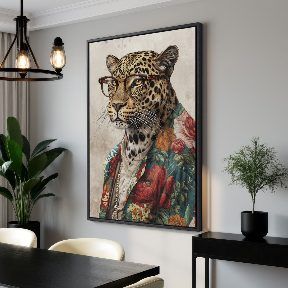 Framed Wall Art: Stylish leopard portrait with glasses & floral jacket. Earthy tones with pops of red & teal. Perfect for adding personality to your home!
