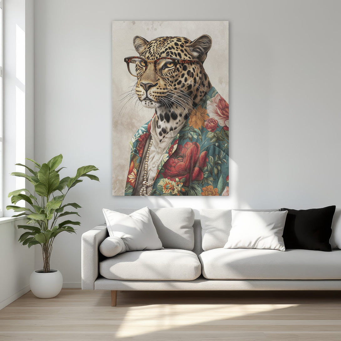 Framed Wall Art featuring a stylish leopard in glasses and floral jacket. Warm color palette, perfect for adding a touch of luxury to your home decor.