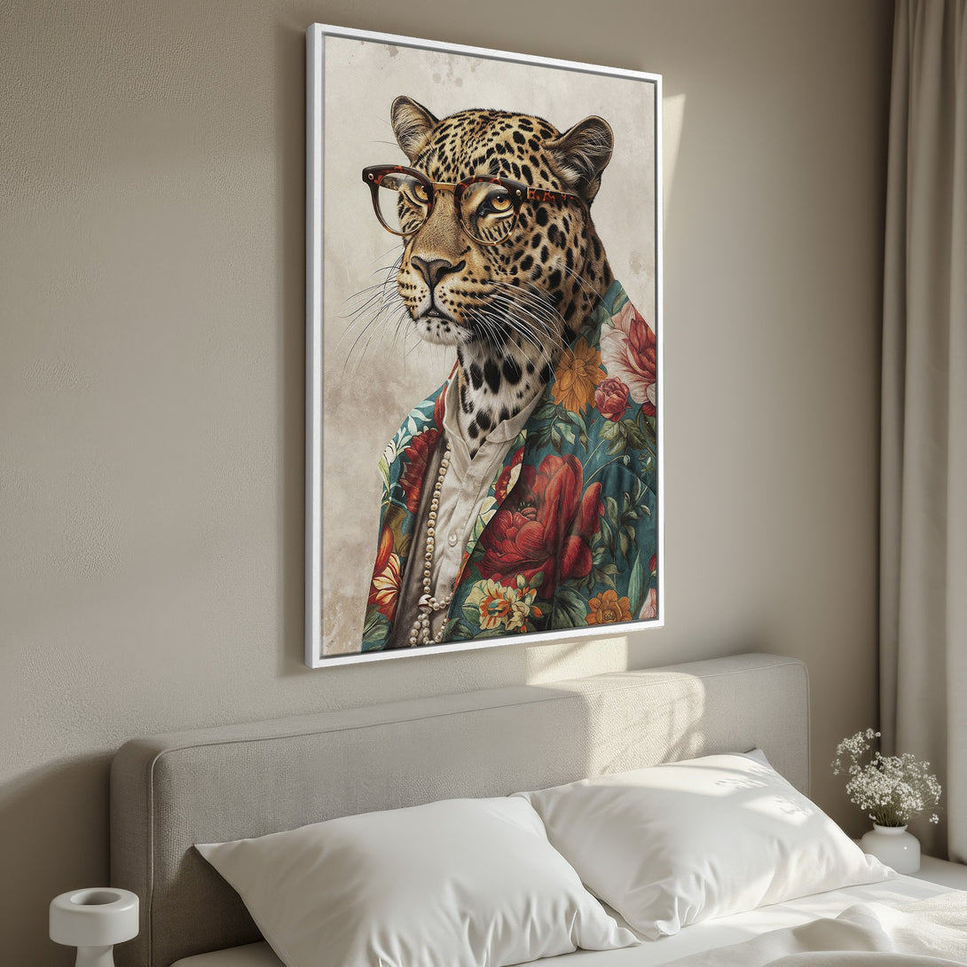 Framed Wall Art featuring a dapper leopard in a floral jacket. Vintage style with a warm, earthy color palette. Perfect for adding personality to any room.