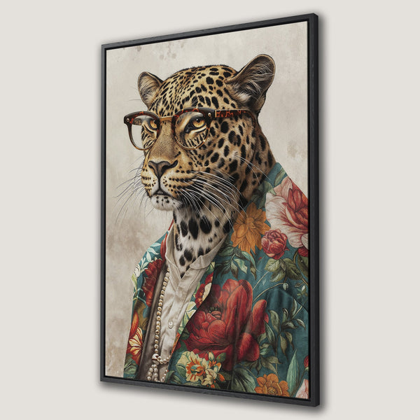 Framed Wall Art featuring a stylish leopard in floral jacket. Earthy tones with pops of red and teal. Perfect for adding a touch of whimsy to your decor.