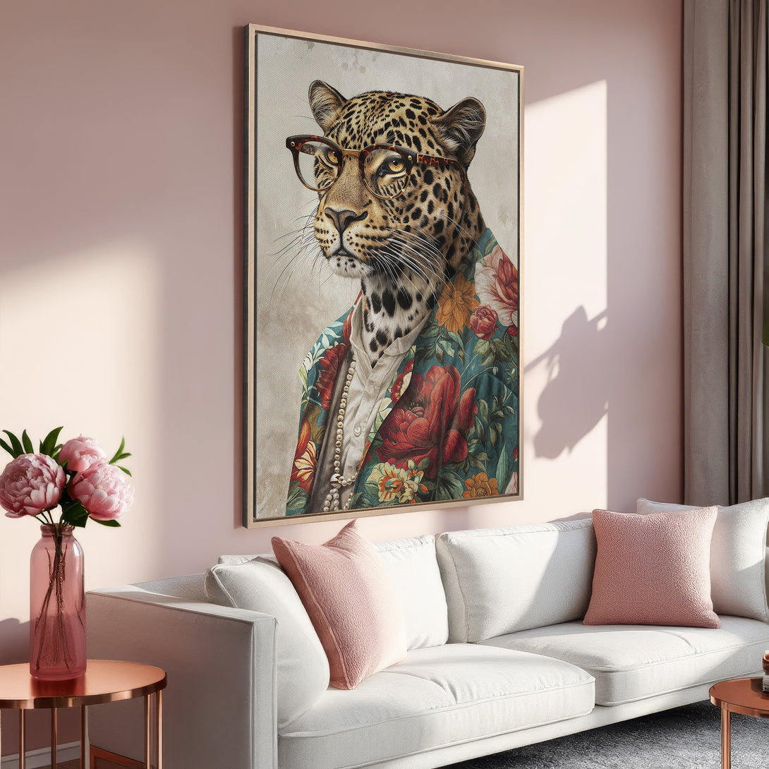 Framed Wall Art: Hipster leopard portrait on canvas. Stylish animal art with a floral jacket, warm pink and teal color palette. Perfect for home decor.