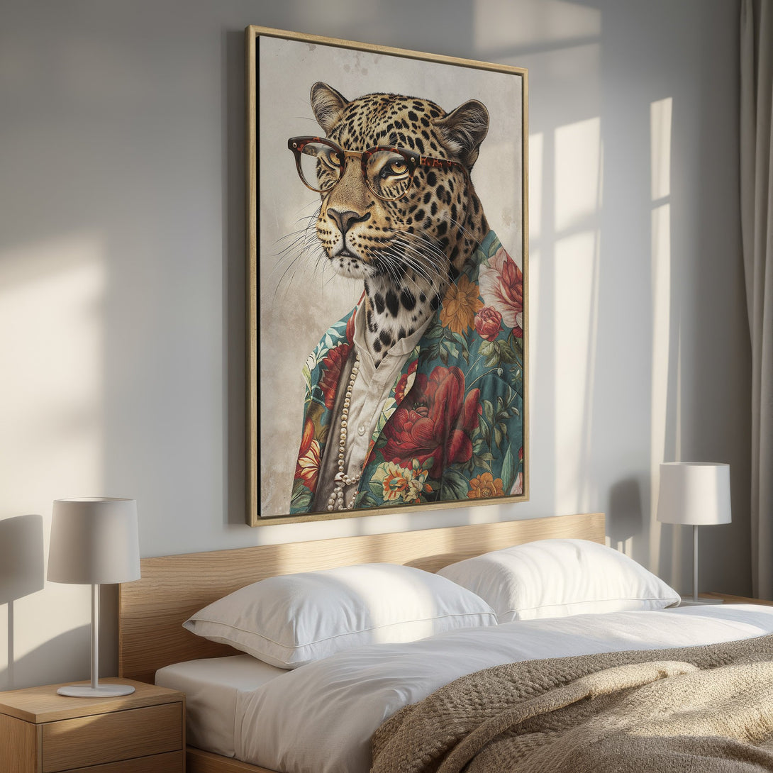 Framed Wall Art of a leopard in a floral jacket. Whimsical art with a warm, colorful palette, perfect for adding personality to your bedroom decor.