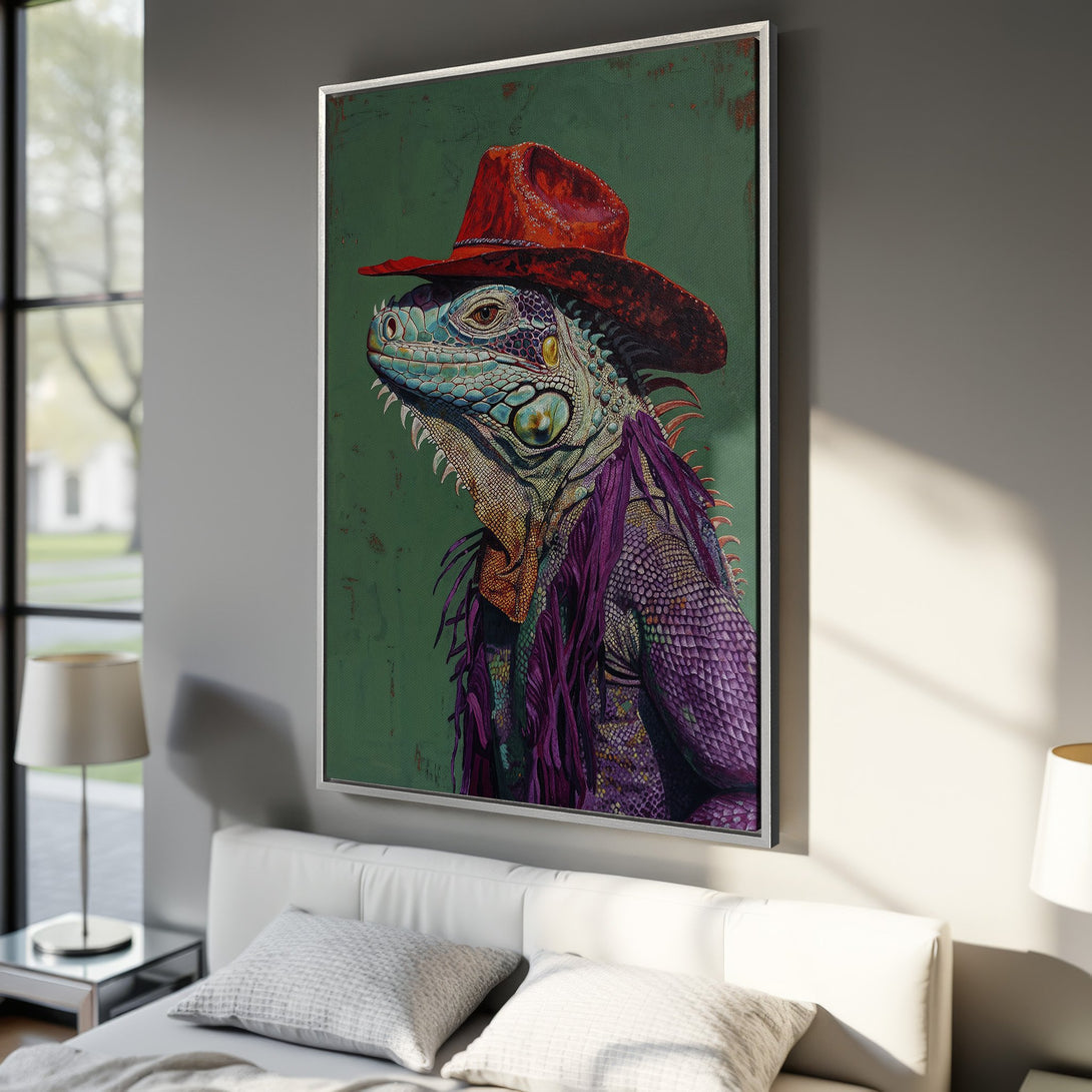 Framed Wall Art featuring a stylish iguana in a red hat. Unique, colorful art piece with a green, purple, and red palette. Perfect for modern home decor.