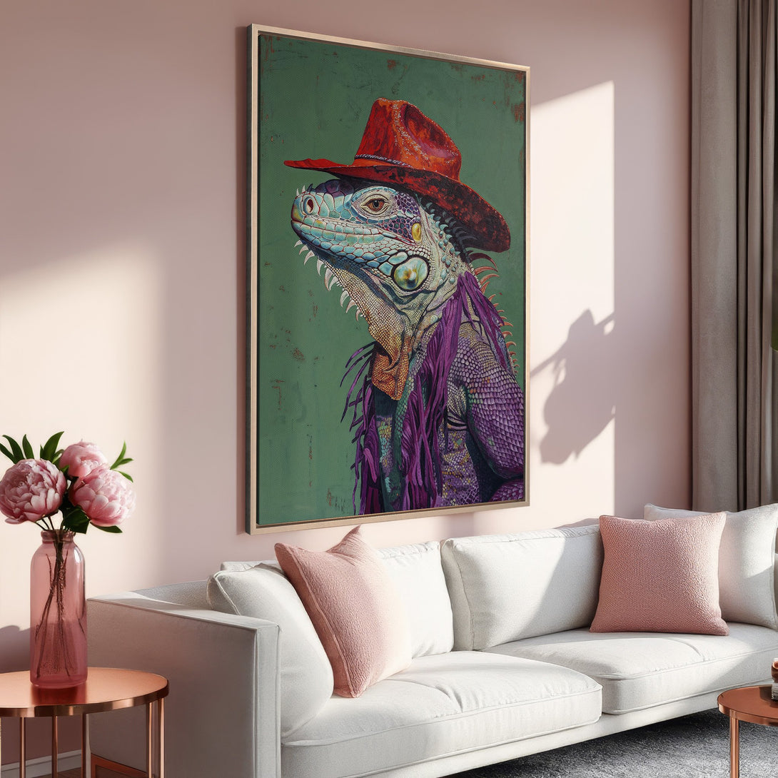 Framed Wall Art: Stylish iguana in a cowboy hat, vibrant blues, purples, and red. Perfect for adding a unique touch to your home decor.