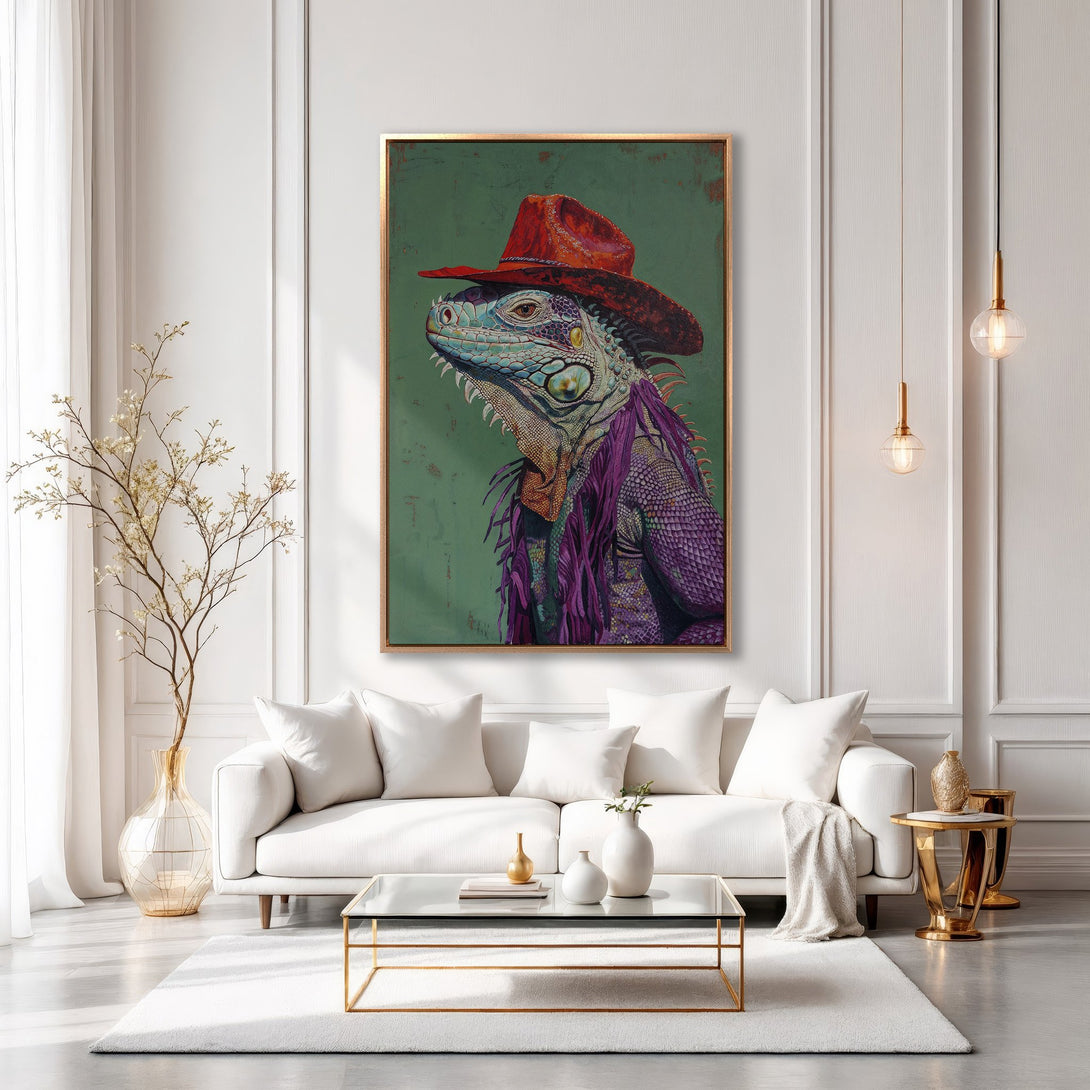 Framed Wall Art featuring a stylish iguana in a cowboy hat. Colorful artwork with a green, purple, and red palette. Perfect for adding personality to your home decor.