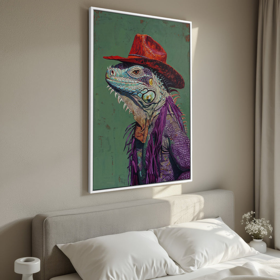 Framed Wall Art: Colorful iguana portrait in a cowboy hat. Vibrant greens, purples, and reds. Perfect for adding personality to your bedroom decor.