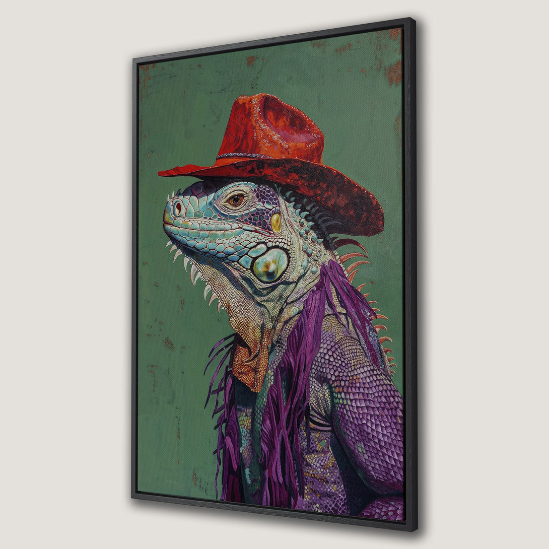 Framed Wall Art: Whimsical iguana portrait with a red hat, vibrant purple, teal, and green color palette. Unique art for your home.