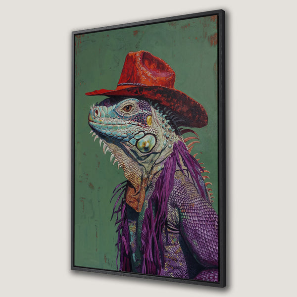 Framed Wall Art: Whimsical iguana portrait with a red hat, vibrant purple, teal, and green color palette. Unique art for your home.