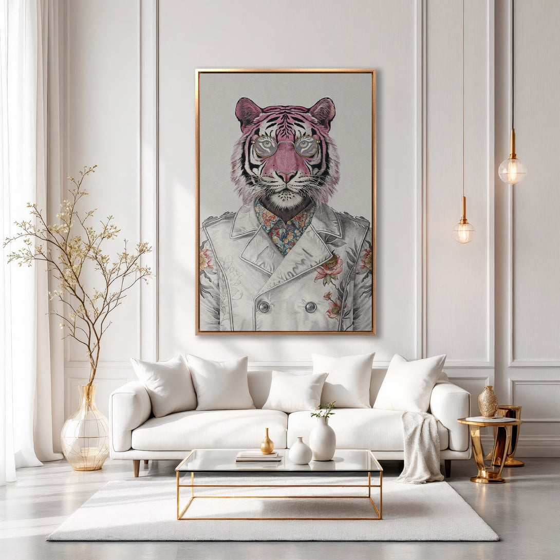 Framed Wall Art featuring a stylish tiger in a coat, set in a modern white interior. Gold accents and a soft color palette create a chic, elegant vibe.