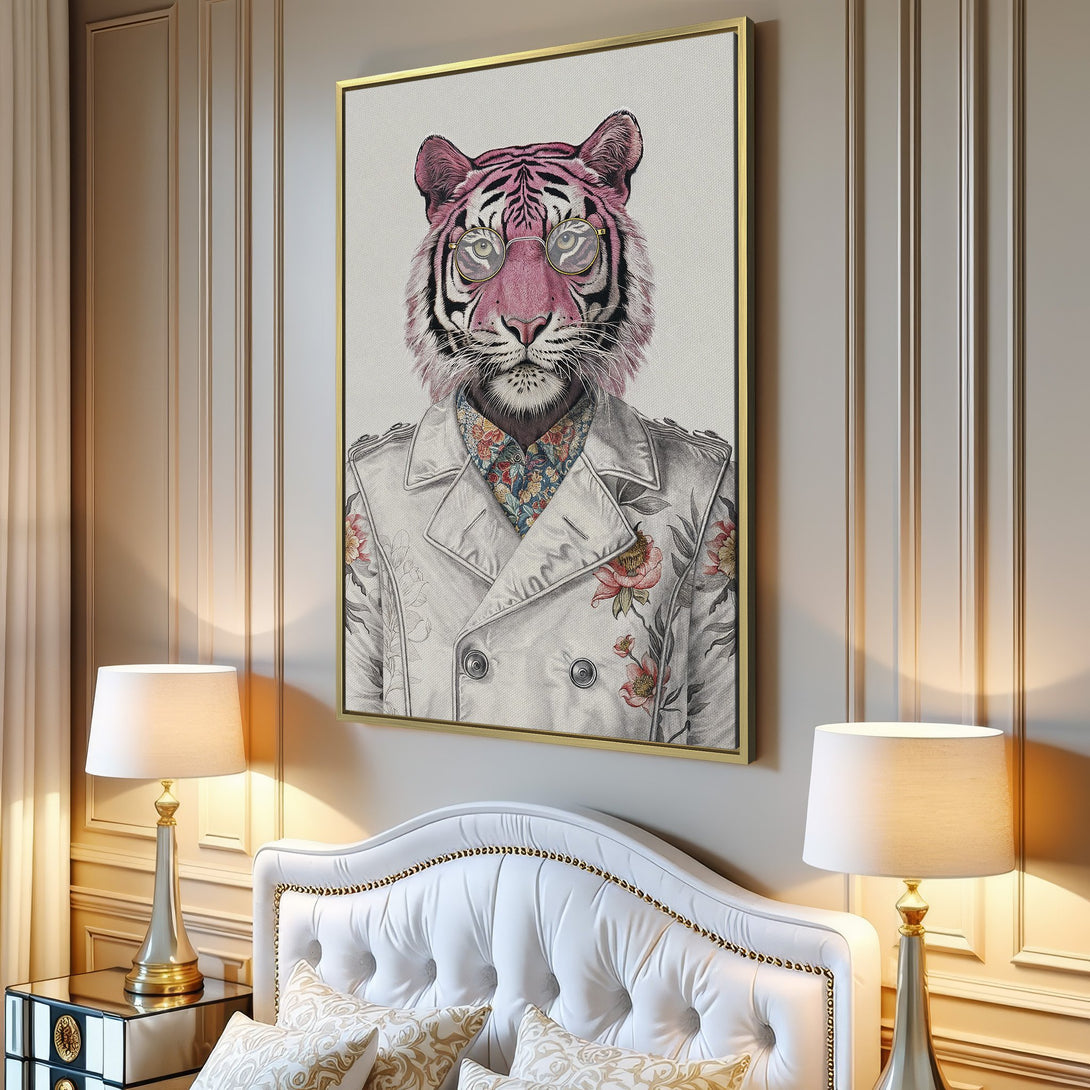 Canvas Print of a stylish tiger in a white coat, pastel pink and floral accents. Modern art for home decor, neutral color palette.