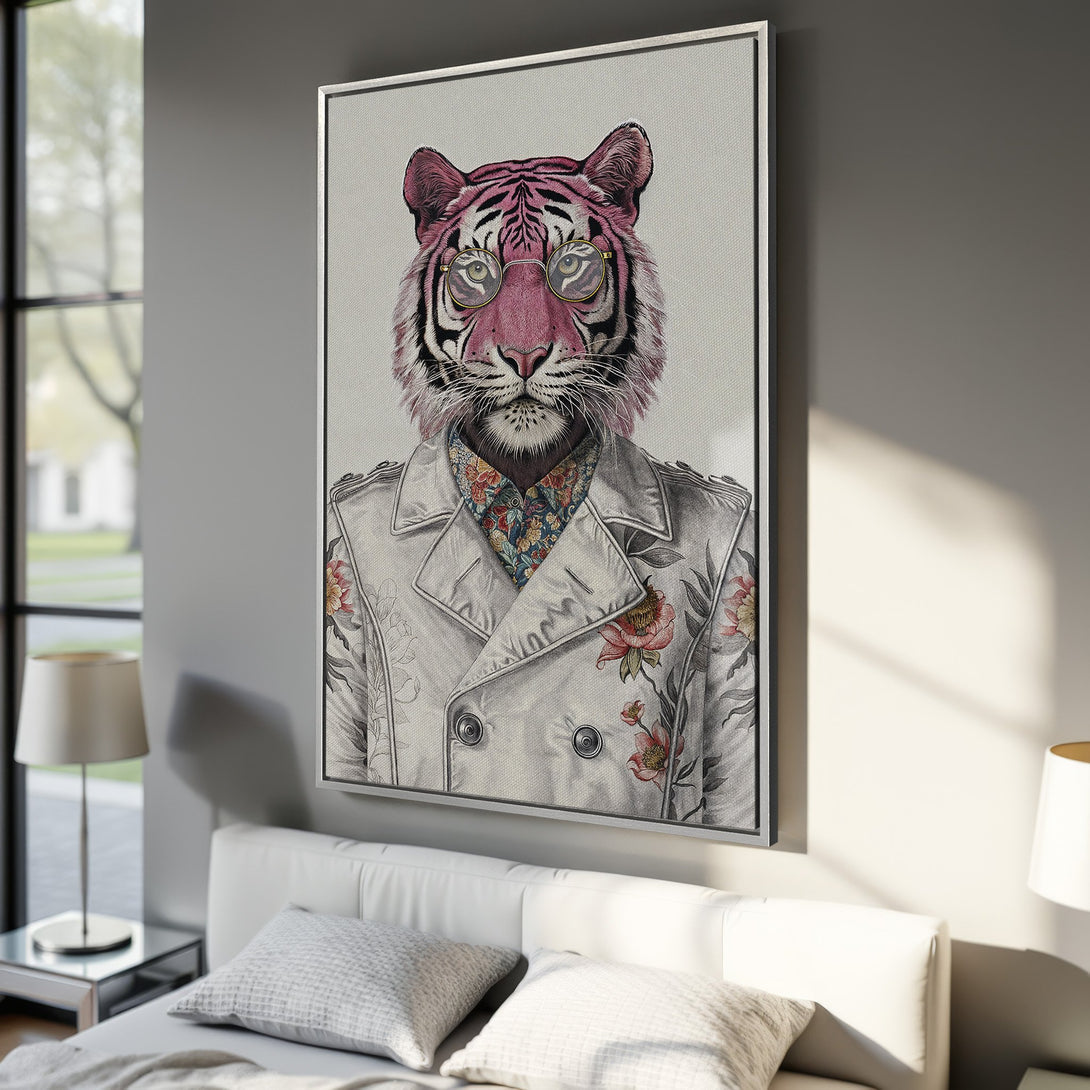 Framed Wall Art: Stylish tiger portrait with pink accents, wearing glasses and coat. Modern, whimsical design in a neutral and pink color palette. Perfect for home decor.