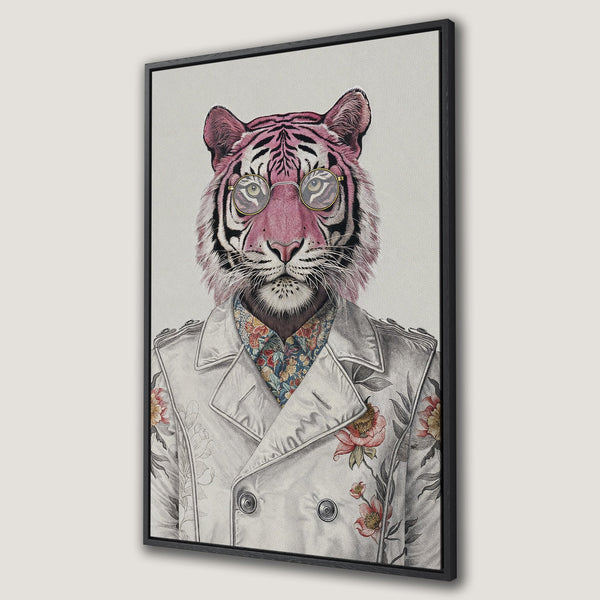 Framed Wall Art featuring a stylish tiger in a coat with floral accents. Modern, whimsical art with a pink, gray, and floral color palette. Perfect for any space!