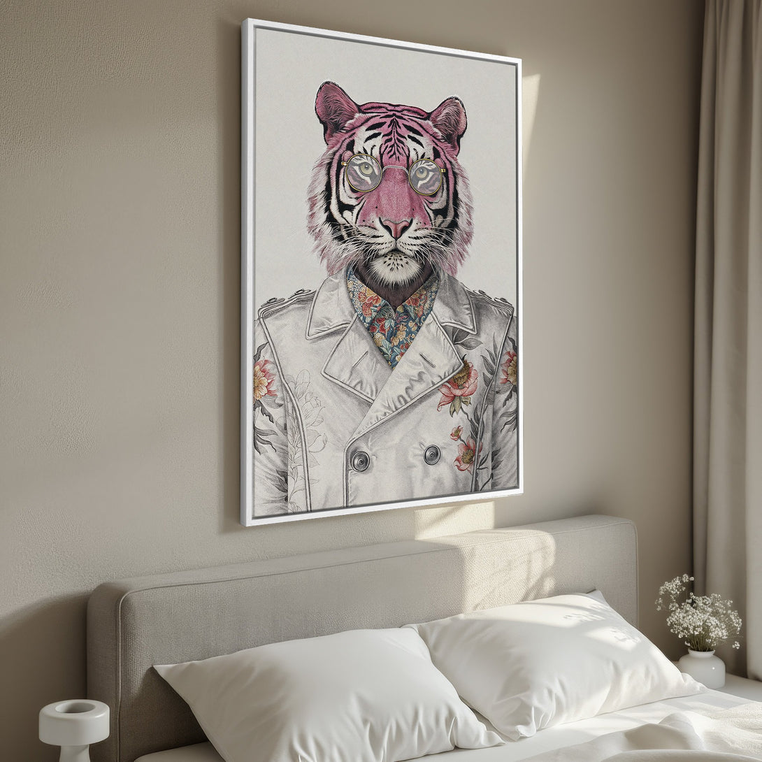 Framed Wall Art featuring a stylish tiger portrait in a floral coat, with a pink and neutral color palette, perfect for bedroom decor.