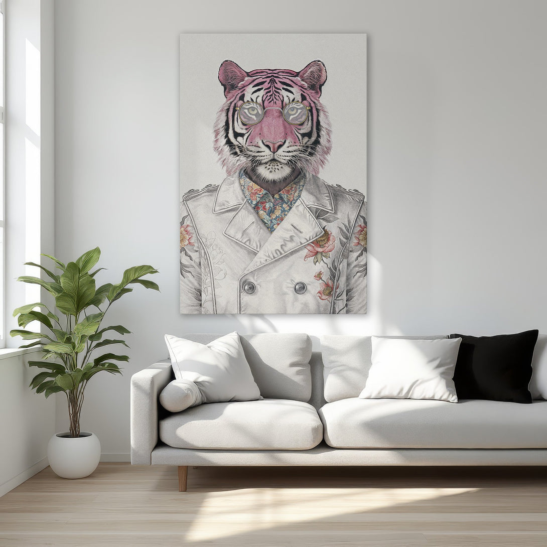 Framed Wall Art featuring a stylish tiger in a coat. A unique, modern art piece with a soft pink and neutral color palette, perfect for any interior.