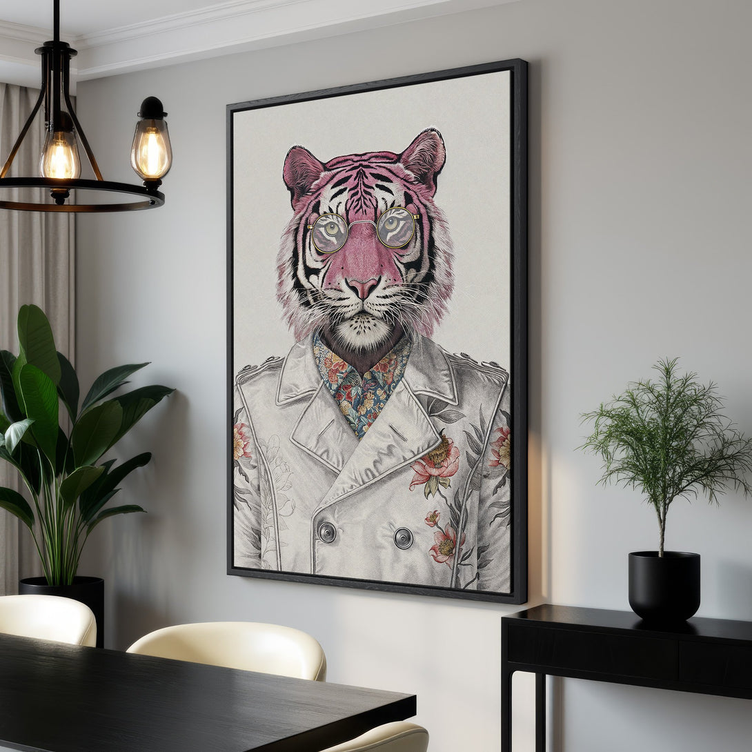 Framed Wall Art: Stylish tiger portrait with pink accents. Modern, whimsical art in a neutral color palette. Perfect for adding personality to any space.