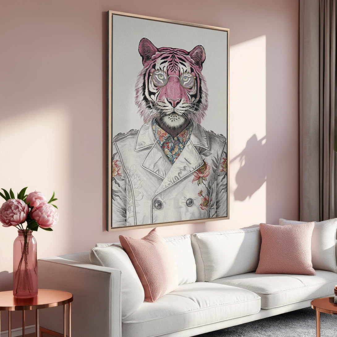 Framed Wall Art: Stylish tiger portrait in a pink and gray color palette. Modern art for home decor, adding a touch of whimsy and sophistication.