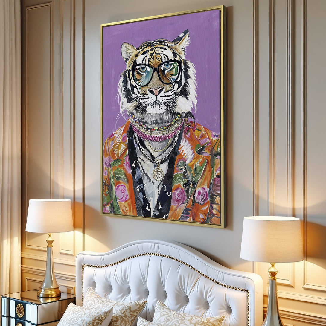 Canvas Print: Stylish tiger portrait in a colorful, modern style. Features a vibrant orange, pink, and purple palette, perfect for adding personality to any space.