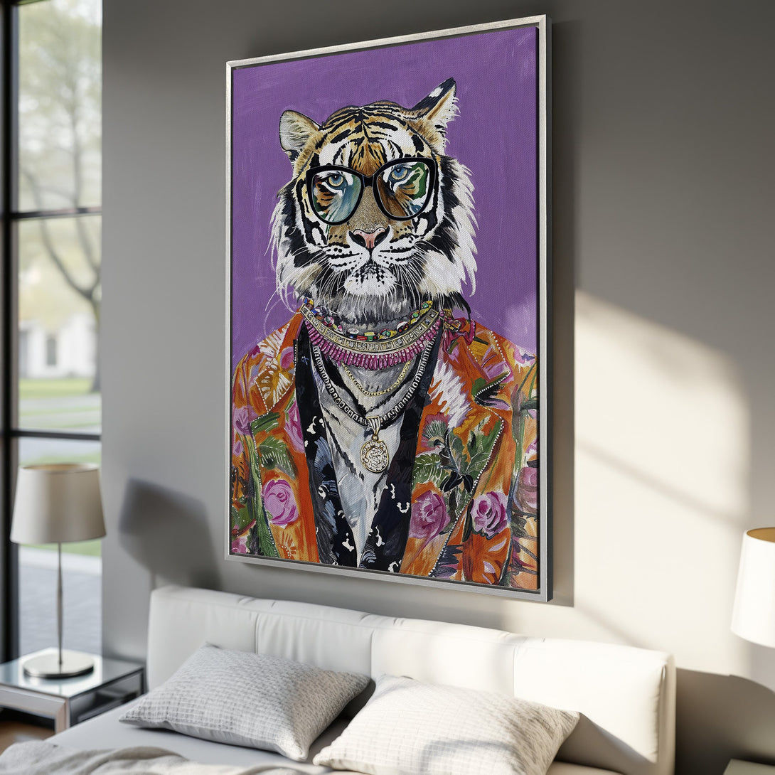 Framed Wall Art: Hipster tiger portrait in vibrant colors, featuring a purple background and a stylish floral jacket. Perfect for adding personality to any room.