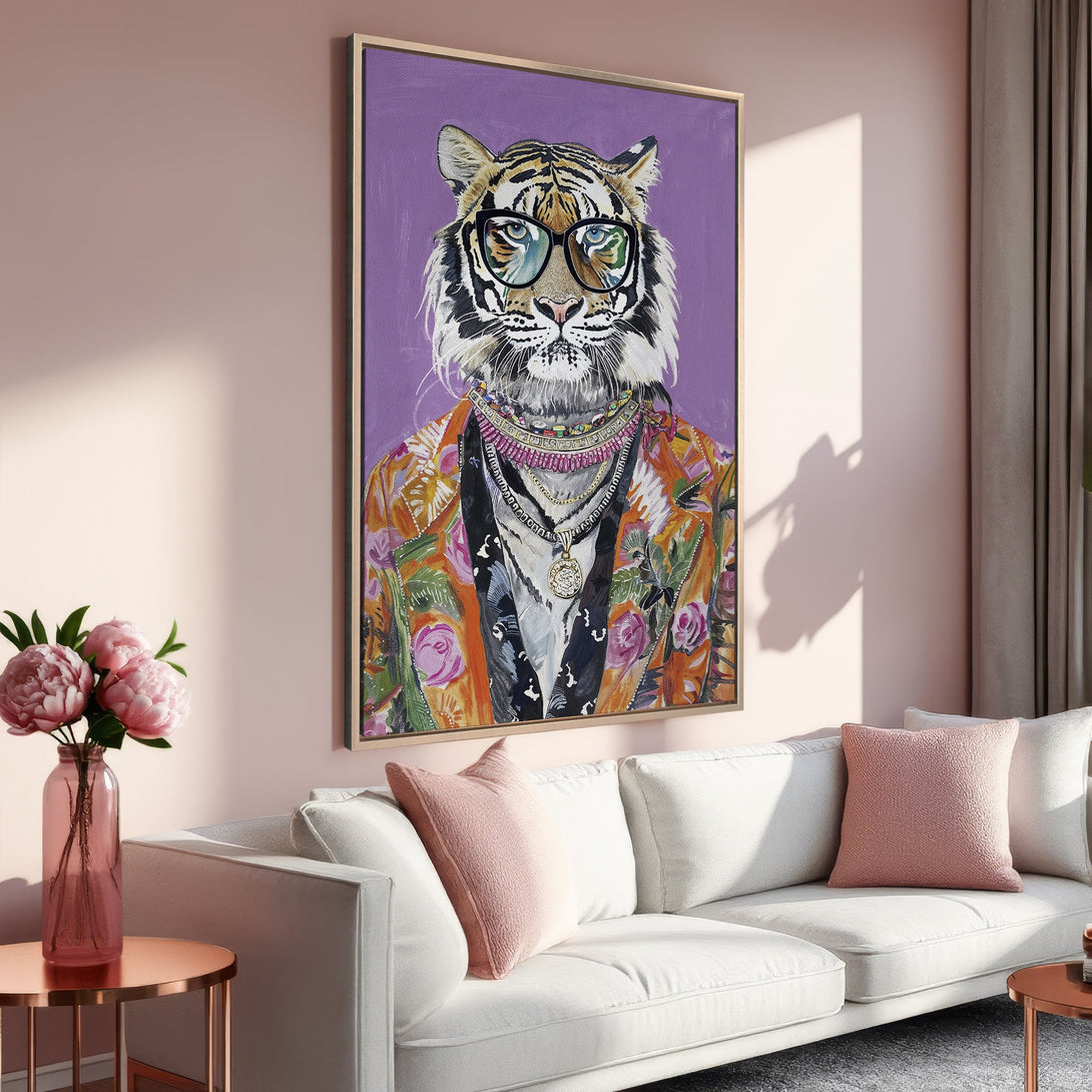 Framed Wall Art: Stylish tiger portrait in a colorful, modern style. Features purple, pink, and gold tones, perfect for adding personality to your space.