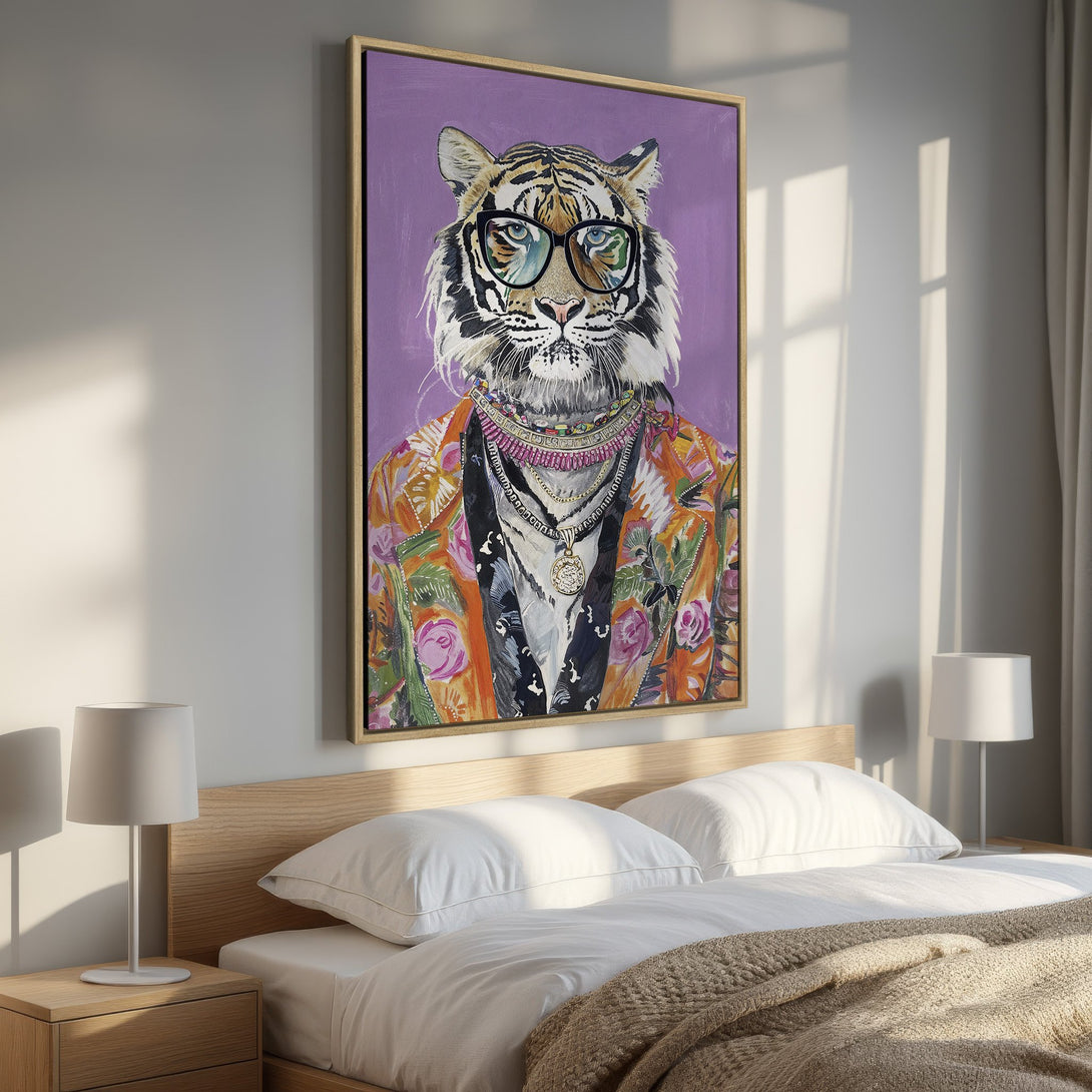 Framed Wall Art: Stylish tiger portrait with glasses, colorful floral jacket on purple background. Modern art for bedroom decor.