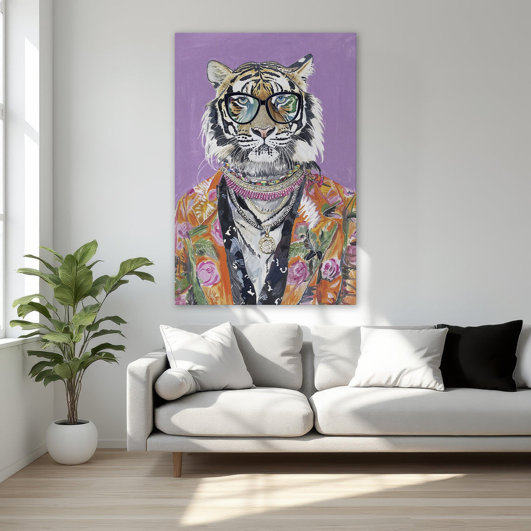 Framed Wall Art: Hipster tiger portrait with glasses, vibrant orange and purple color palette. Unique canvas print for a stylish interior.