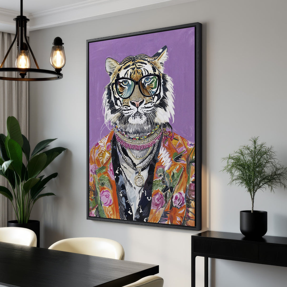 Framed Wall Art: Stylish tiger portrait with glasses on a purple background. Vibrant colors and modern art style, perfect for home decor.