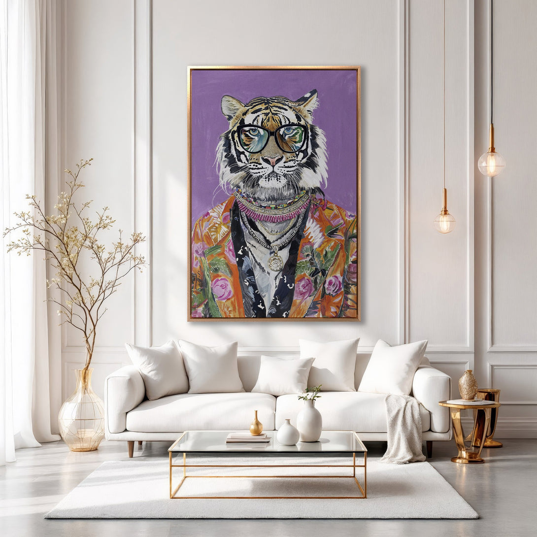 Framed Wall Art: Stylish tiger portrait with glasses and floral jacket. Modern art in a chic interior. Purple and gold color palette. Add personality to your space!