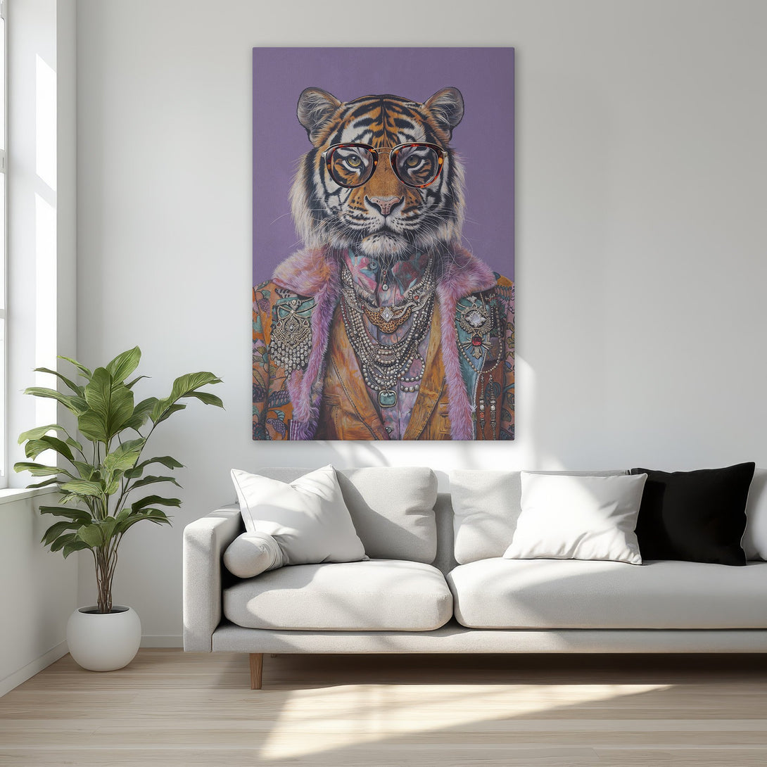 Framed Wall Art: Dapper tiger portrait with glasses, vibrant colors, and a purple background. Perfect for adding a touch of luxury to any room.