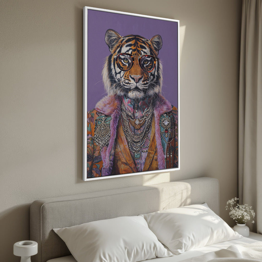 Framed Wall Art: Dapper tiger portrait with glasses, wearing a colorful jacket. Purple, orange, and pink palette. Perfect for adding personality to your space.