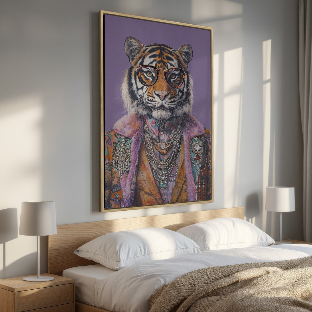 Framed Wall Art featuring a stylish tiger in glasses, vibrant and colorful. Perfect for adding personality to any room!