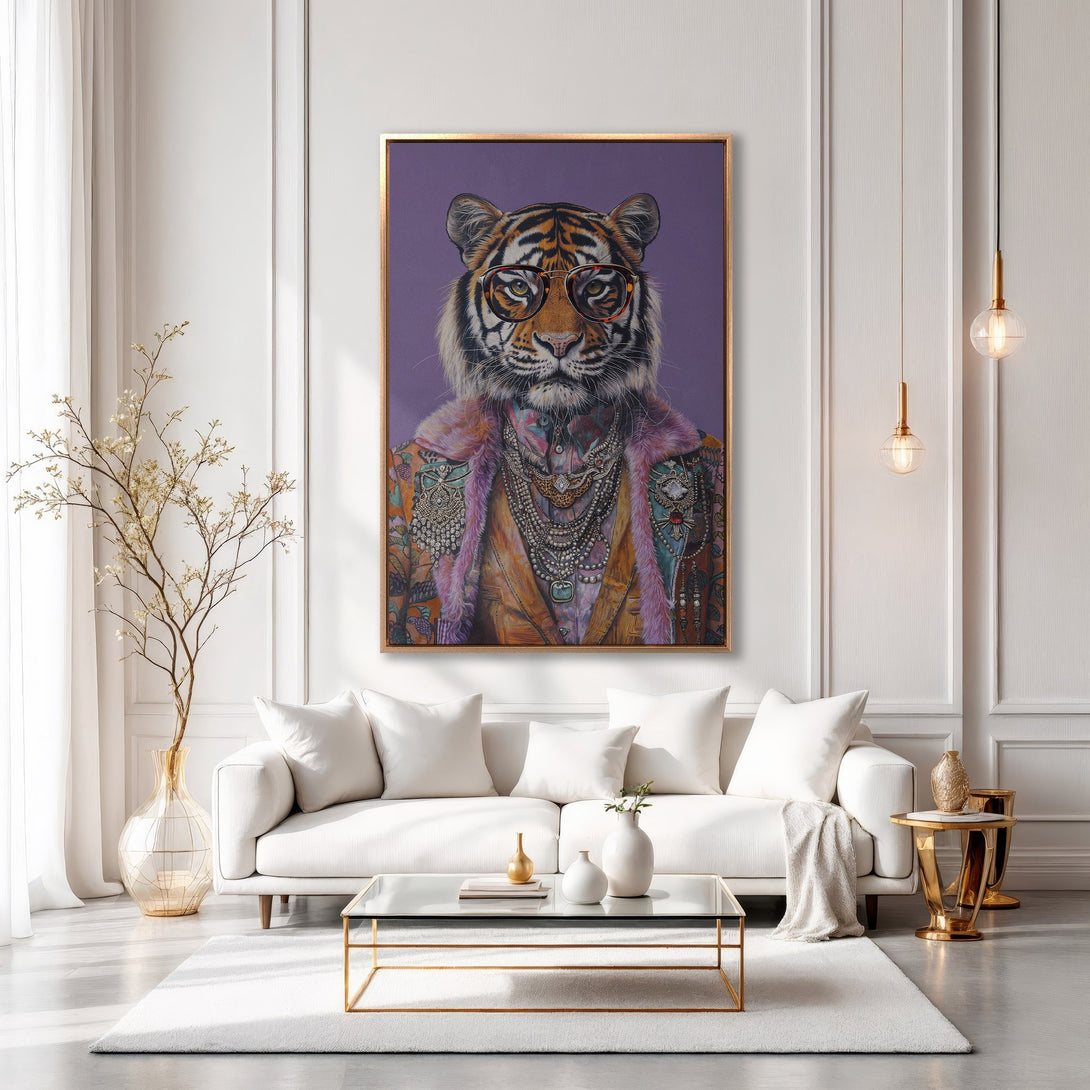 Framed Wall Art: Regal tiger portrait in a luxurious interior. Features a stylish, whimsical design with a purple and gold color palette. Perfect for adding a touch of personality.