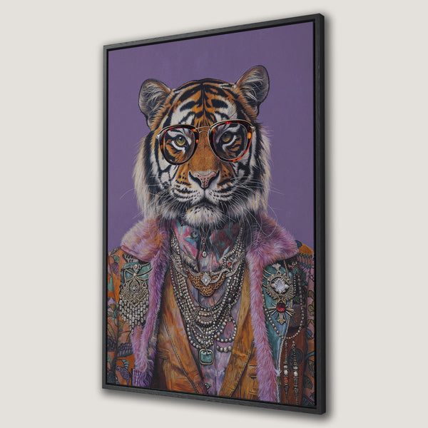 Framed Wall Art: Stylish tiger portrait with glasses, vibrant colors, and a fashionable outfit. Perfect wall decor for a bold statement!