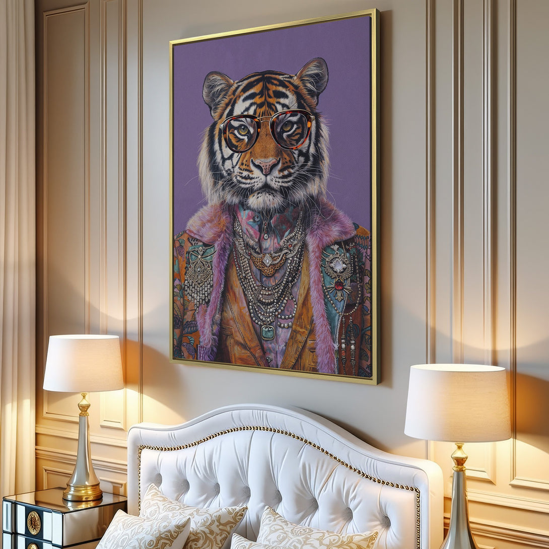 Canvas Print of a stylish tiger in a colorful, whimsical portrait. Features a purple, orange, and pink color palette. Perfect for adding character to any room.