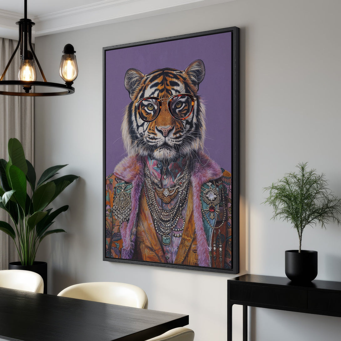 Framed Wall Art: Stylish tiger portrait in vibrant colors. Modern canvas print adds a touch of personality and luxury to any room. Shop now!