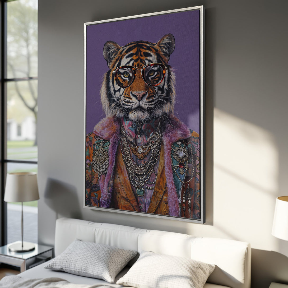 Framed Wall Art: Stylish tiger portrait in vibrant colors. Perfect for adding personality to your space. Shop unique canvas prints!