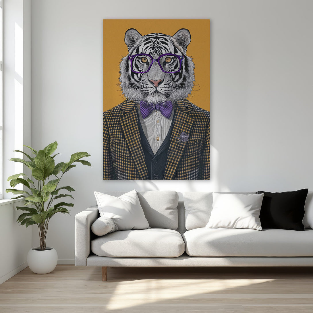 Framed Wall Art: Dapper tiger portrait in a yellow and black checkered suit. Modern art with a warm, neutral color palette. Perfect for any room!
