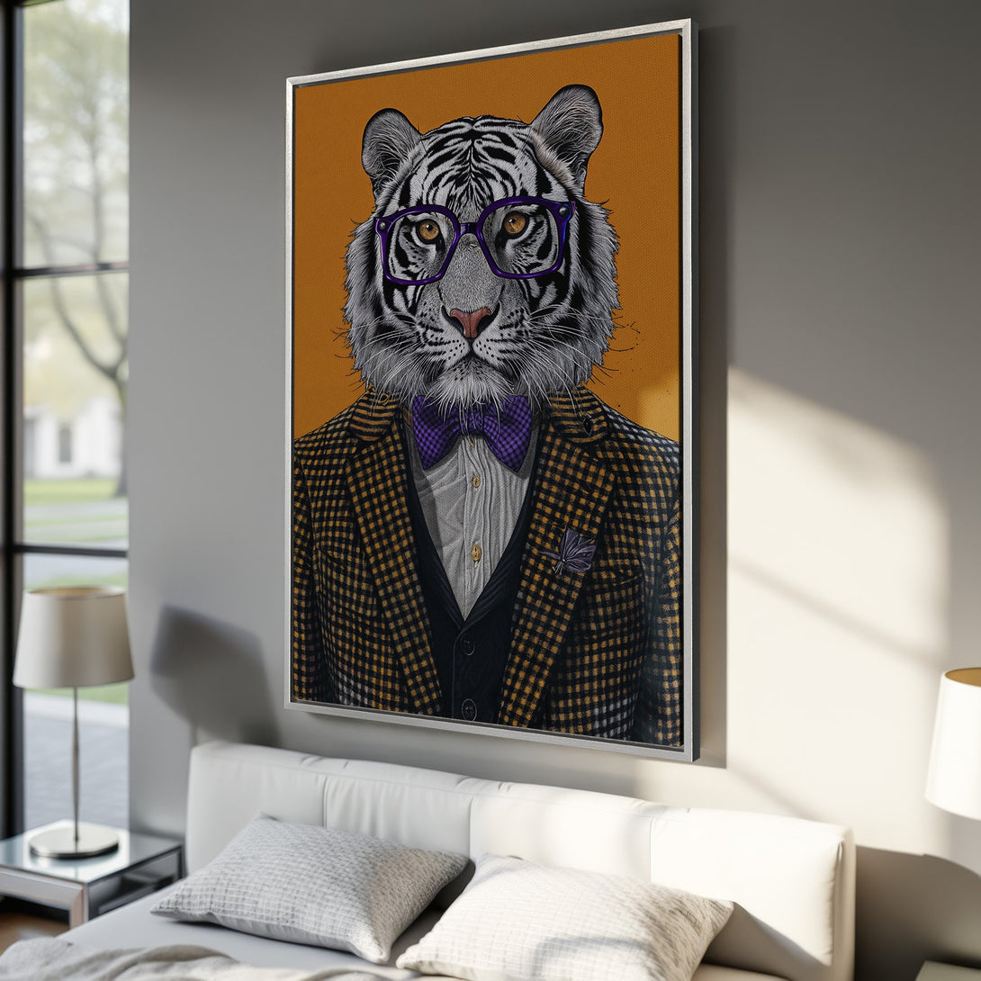 Framed Wall Art featuring a dapper tiger in a suit, with a stylish, modern design and a warm, orange, and yellow color palette. Perfect for home decor.