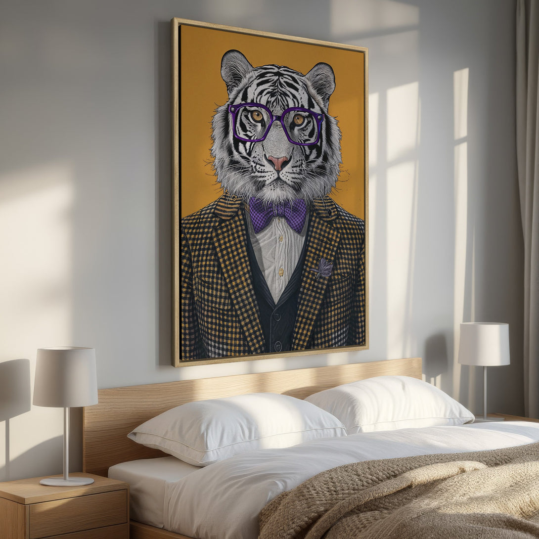 Framed Wall Art featuring a dapper tiger in a suit, with a yellow and black color palette. Perfect for adding personality to your bedroom!