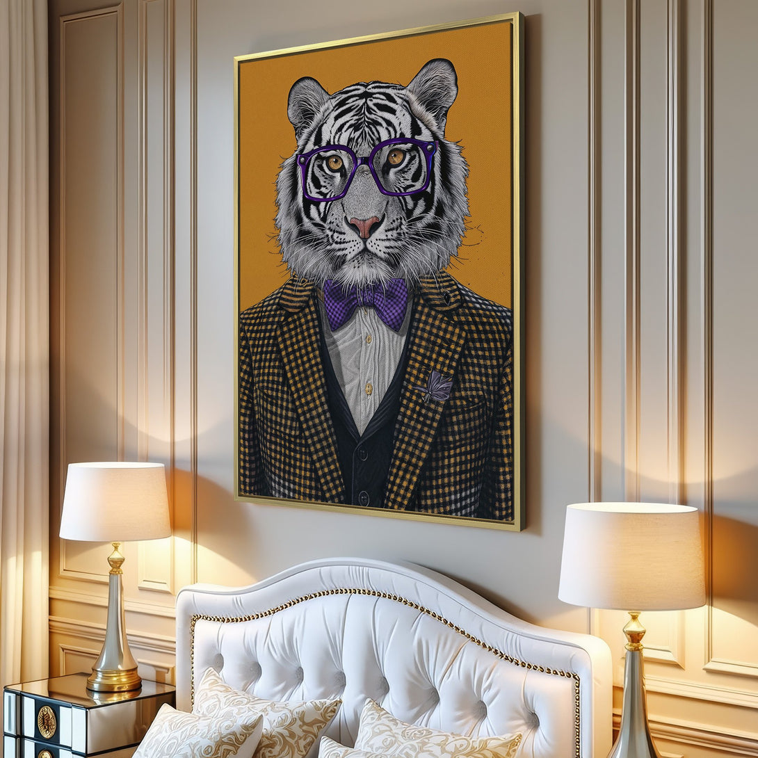 Canvas Print featuring a dapper tiger in a suit, purple accents, and a yellow background. Modern art for stylish interiors.