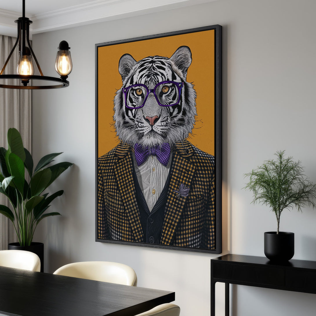Framed Wall Art of a dapper tiger in a suit, vibrant yellow background. Modern, stylish decor with a pop of color. Perfect for any room!