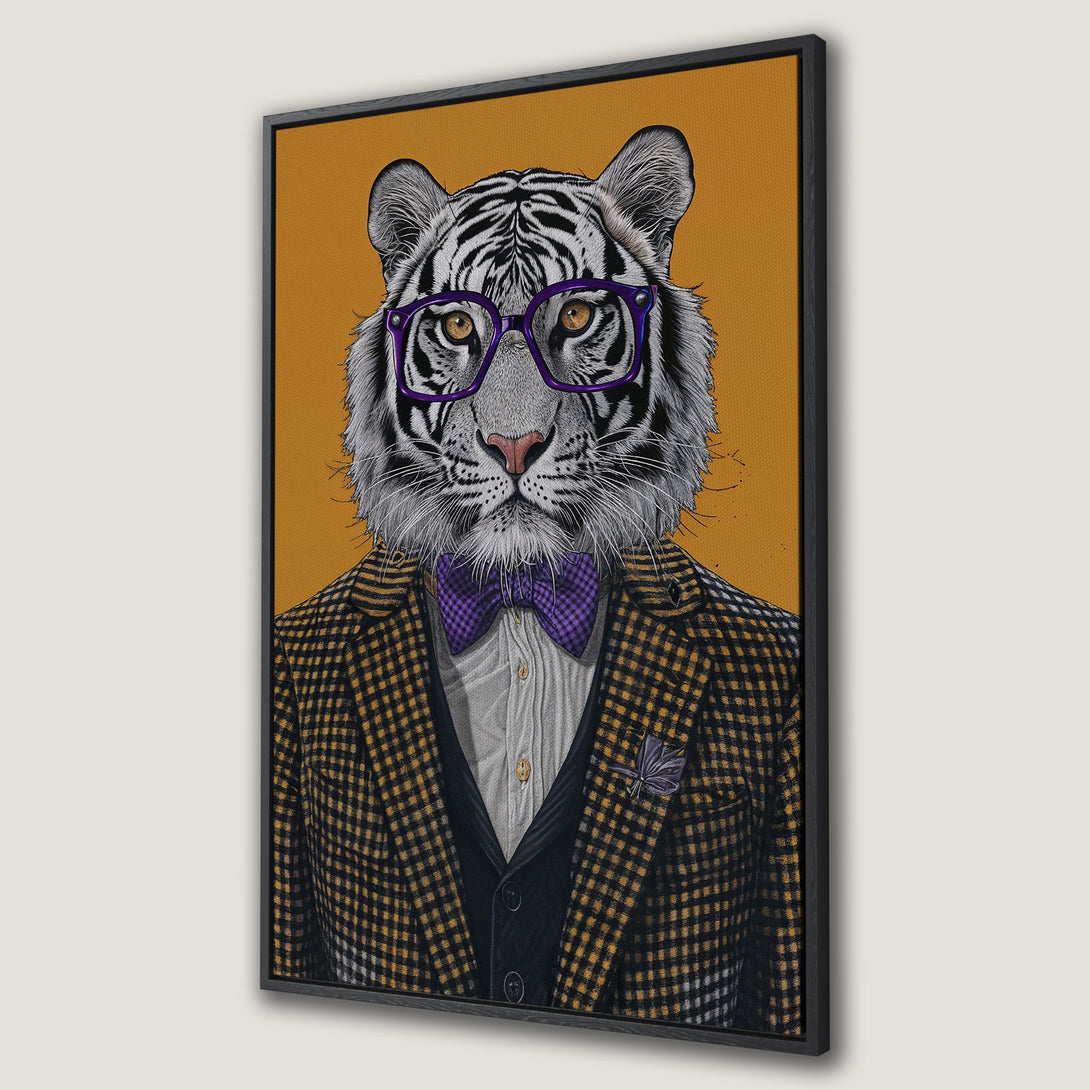 Framed Wall Art featuring a dapper tiger in glasses and a bow tie. Stylish, whimsical art in a warm yellow and purple palette. Perfect for home decor!