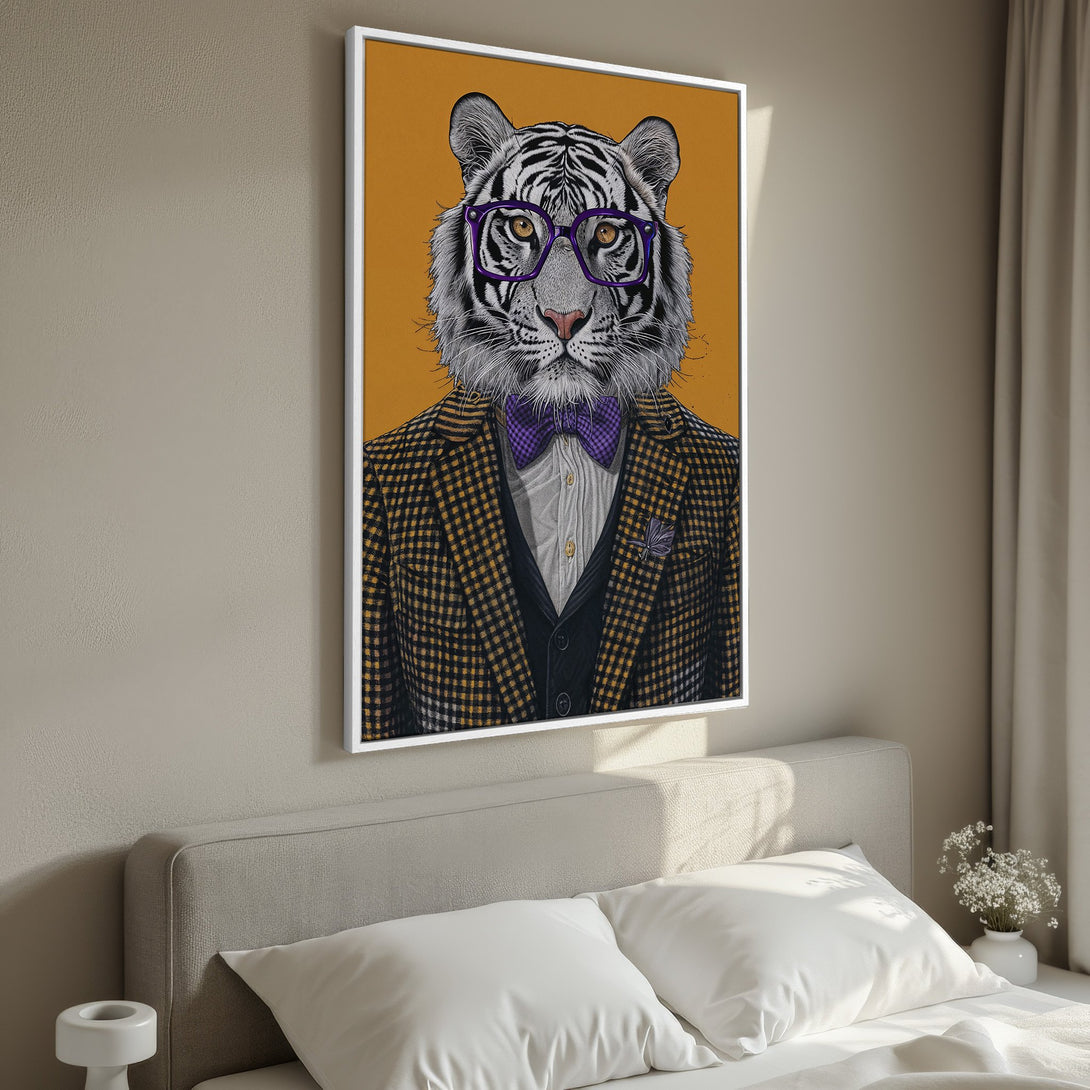 Framed Wall Art: Dapper tiger in a suit with purple glasses. Modern, whimsical art with a warm yellow and neutral color palette. Perfect for home decor.