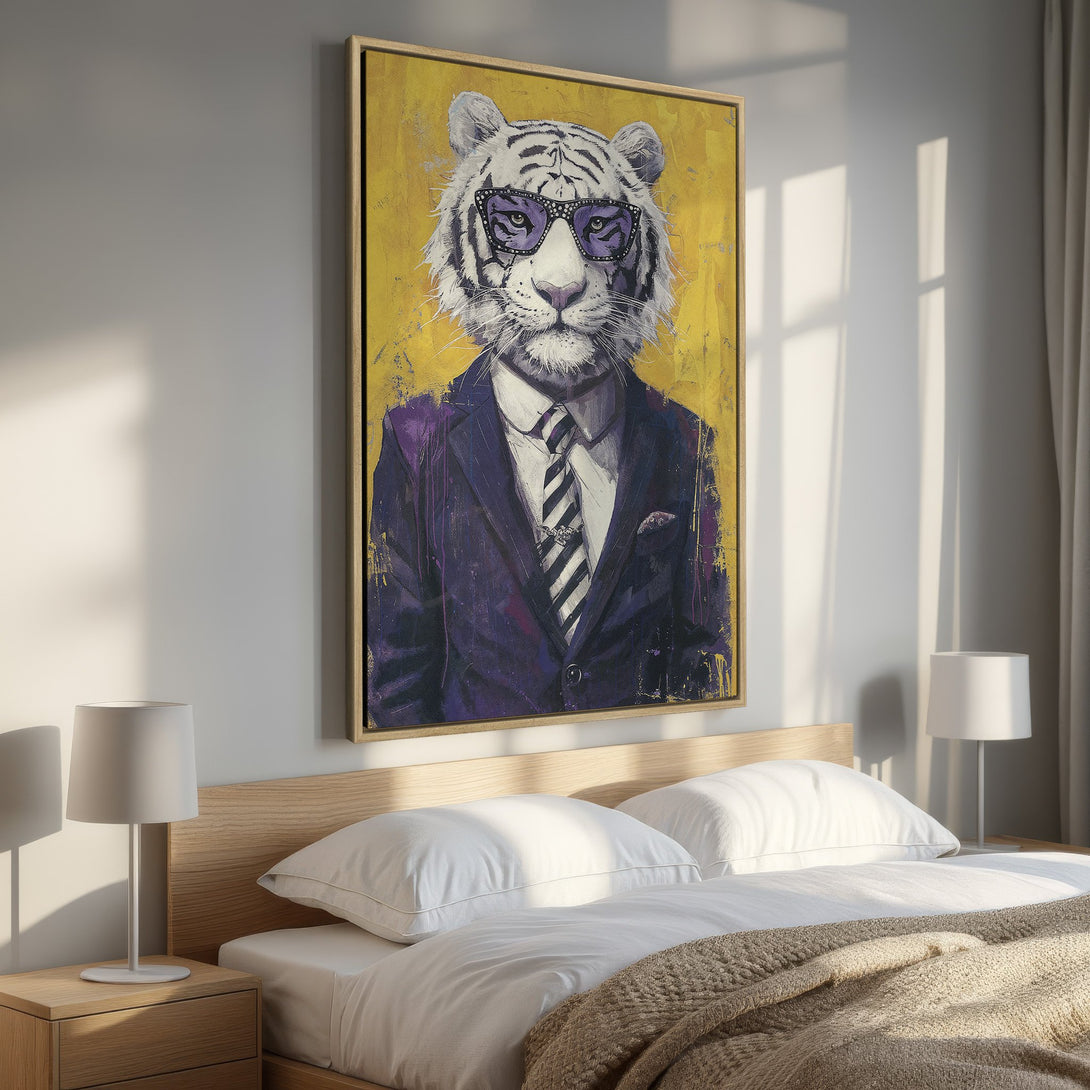 Framed Wall Art featuring a stylish tiger in a suit, set against a yellow background. Modern art with a bold purple and gold color palette. Perfect for home decor!