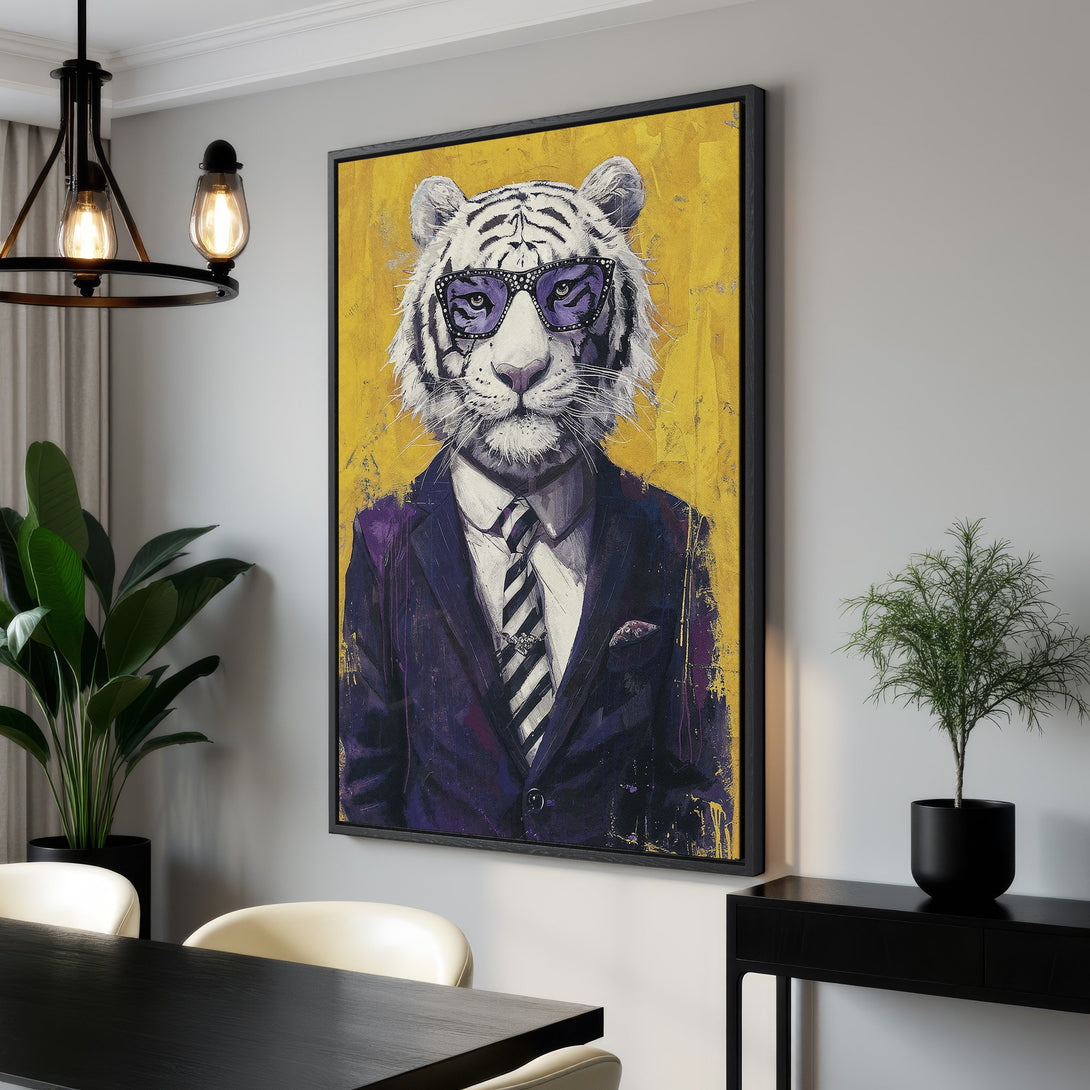 Framed Wall Art: Dapper tiger portrait in a suit with yellow background. Modern art with purple and gold accents. Perfect for adding a unique touch to your home.