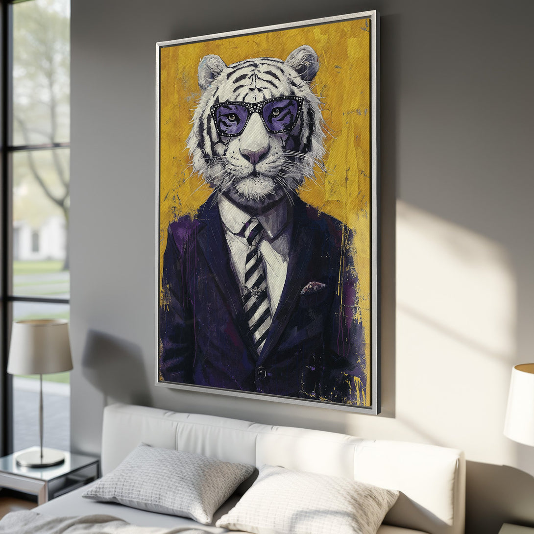Framed Wall Art: Dapper tiger in suit & shades. Modern art with a yellow, purple, and white color palette. Perfect for adding personality to your home!