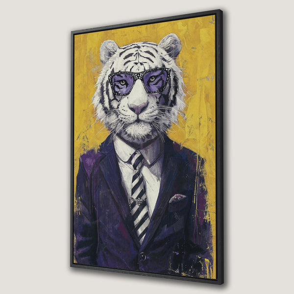 Framed Wall Art featuring a stylish tiger in a suit and sunglasses. Modern, bold artwork with a yellow, purple, and black color palette. Perfect for home decor.