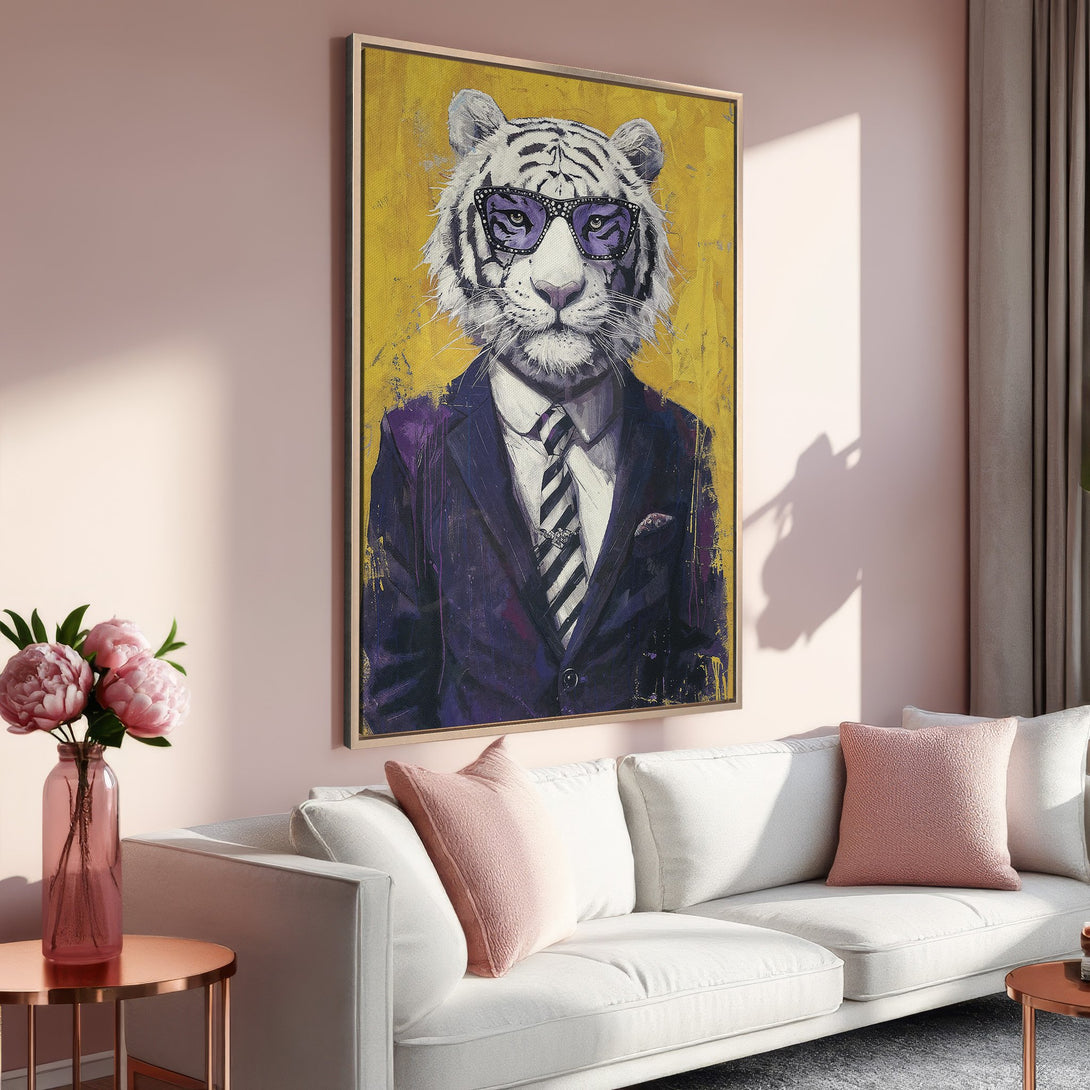 Framed Wall Art: Stylish tiger in suit Canvas Print with yellow background & purple accents. Adds a touch of modern art to any interior with a pink & gold color palette.