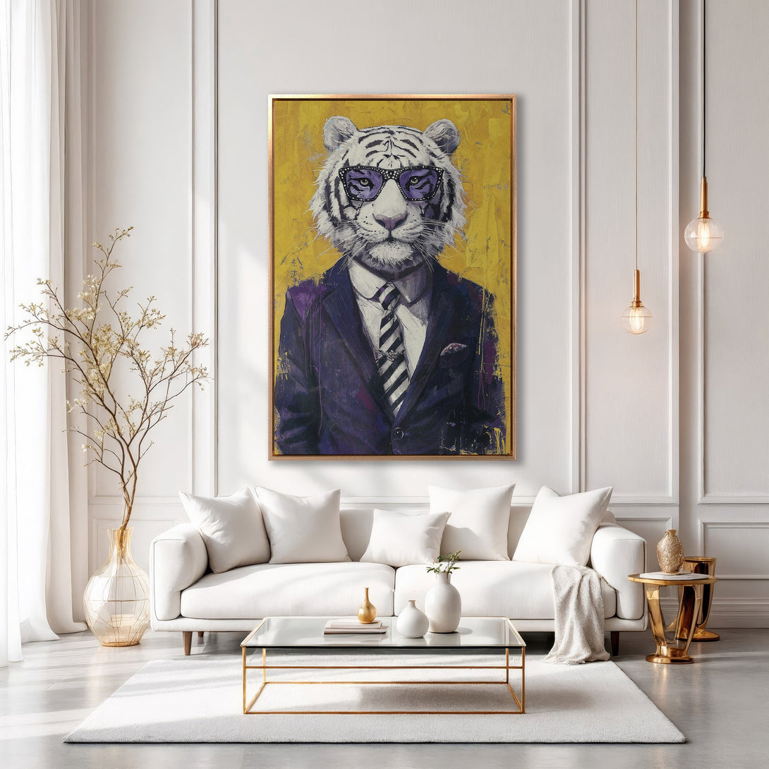 Framed Wall Art of a dapper tiger in a suit. Modern art with a yellow and purple color palette, perfect for stylish home decor.